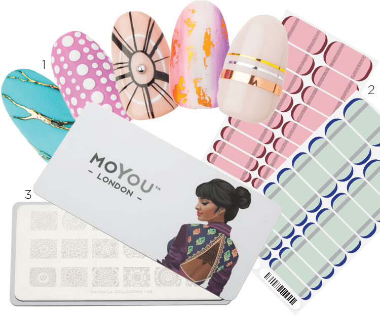 1. Custom nail art by Pop Nails, POA. 2. Jamberry Nail Wraps in Suave French Twist Sparkle and Metallic, $24 each. 3. MoYou Mandala Starter Kit, $29.99.