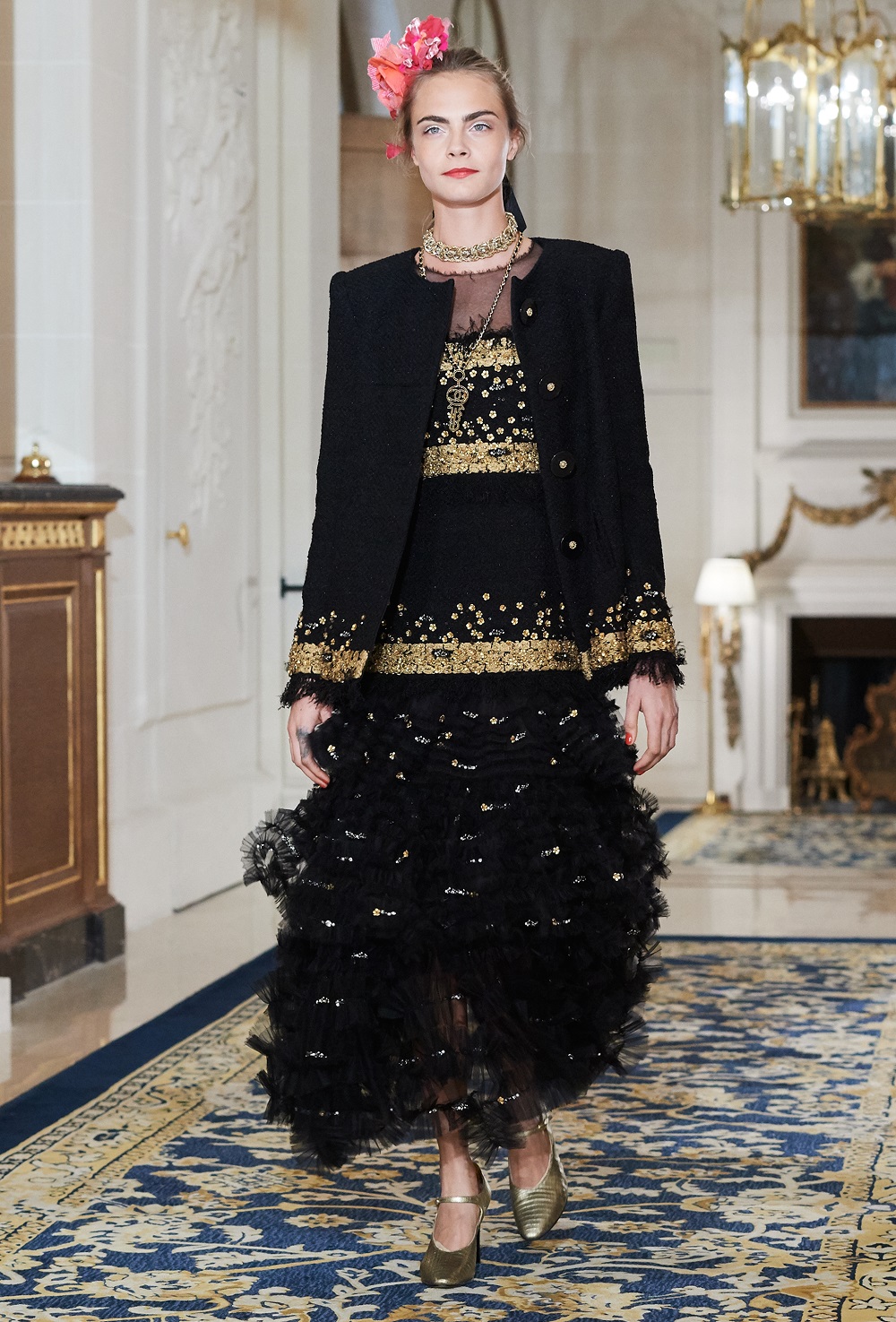 Cara Delevingne on the runway at Chanel's pre-fall 2017 collection at The Ritz