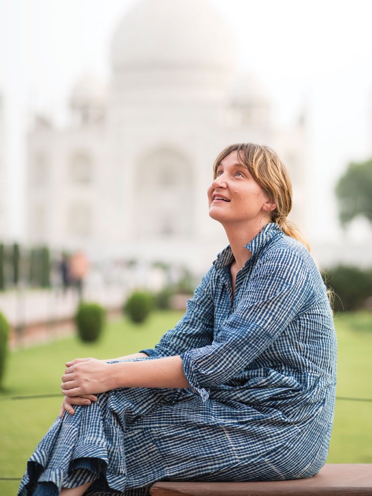 A moment of reflection at the Taj Mahal.