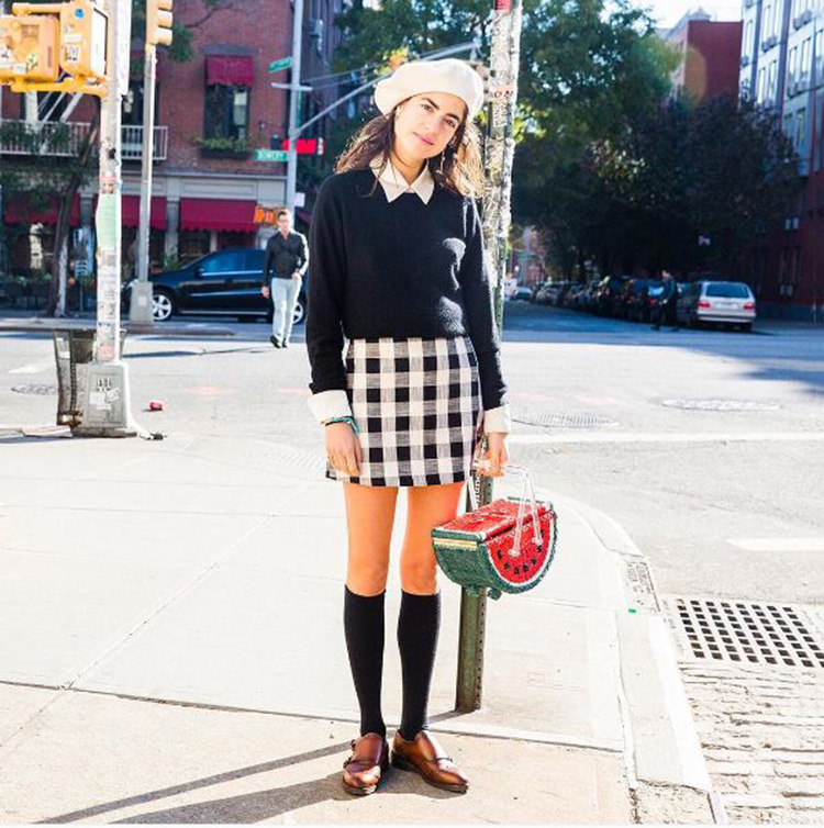 Making a case for the mini skirt and Parisian chic while in New York. A look we LOVE!