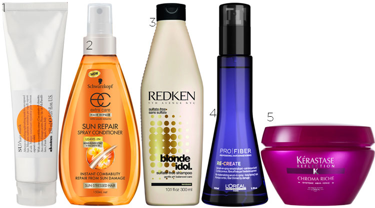 At home hair treatments to keep your hair silky smooth all summer long: 1. Davines SU range $37, 2. Schwarzkopf Extra Care Sun Repair Leave-In Spray, $11.99, 3. Redken Blonde Idol Sulfate-free Shampoo, $33, 4. L’Oréal Professionnel Pro Fiber Re-create Leave-in Spray, $49.50, 5. Kérastase Masque Chroma Riche, $65
