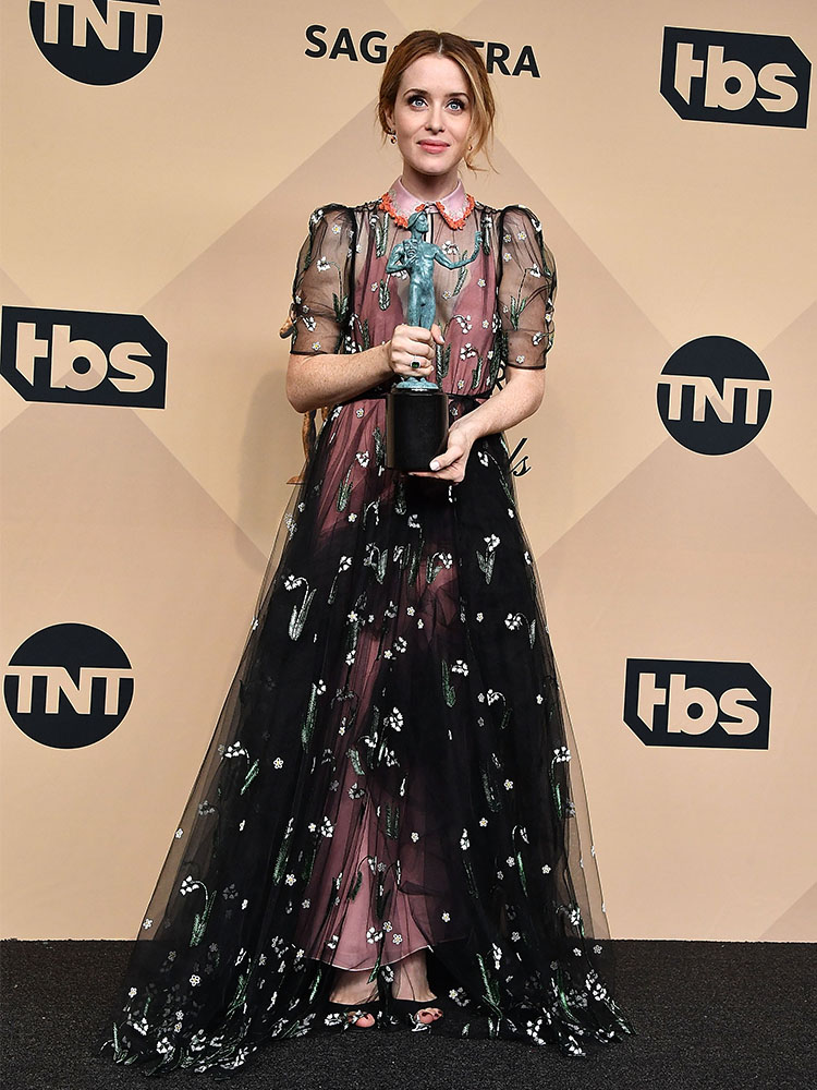 Claire Foy, who won big for her portrayal of the Queen in The Crown, at the Screen Actors' Guild Awards (SAGs) also reigned on the red carpet.