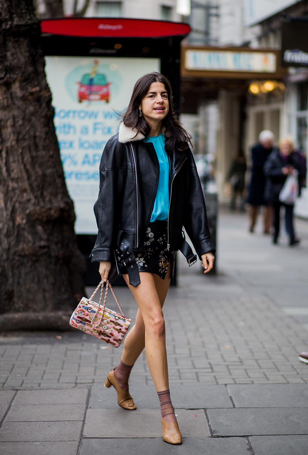 LONDON, ENGLAND - FEBRUARY 19: Leandra Medine wearing a leather jacket, mini skirt outside Peter Pilotto on day 3 of the London Fashion Week February 2017 collections on February 19, 2017 in London, England. (Photo by Christian Vierig/Getty Images)