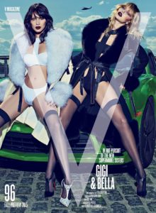 GIgi and Bella Hadid are sisters posing in front of a car for the cover of V magazine 