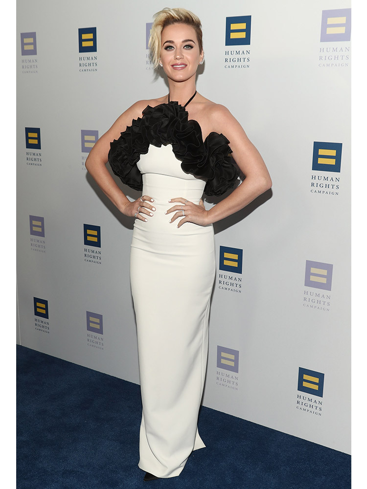 Singer Katy Perry wore Moscow's Rasario Atelier, and fair-trade Ana Khouri jewels, at the Human Rights Campaign's LA Gala Dinner.