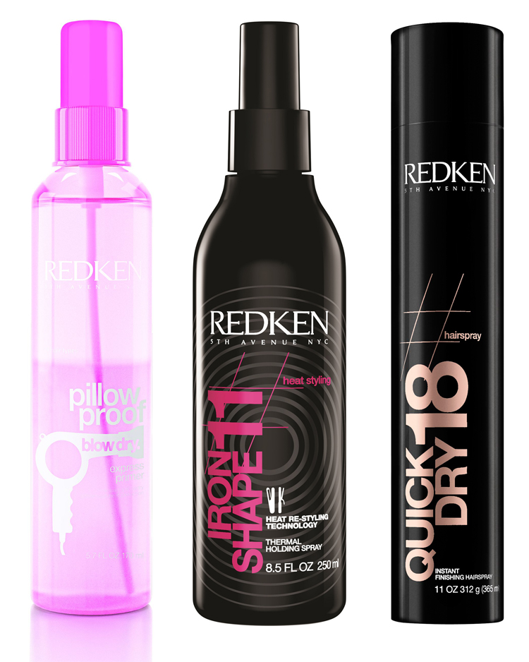 From left to right: Redken Pillow Proof Express Primer $36, Redken Iron Shape 11 Finishing Thermal Spray $38, Redken Quick Dry 18 Instant Finishing SPray $36.