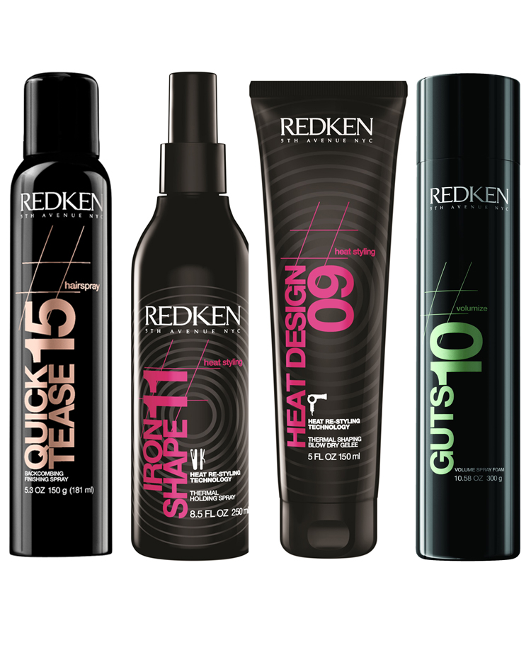 From left to right: Redken Quick Tease 15 Backcombing Lift Finishing Spray $36, Redken Iron Shape Thermal Holding Spray $38, Redken Heat Design 09 Thermal Shaping Blow-dry Gelée $38, Redken Guts 10 $38.