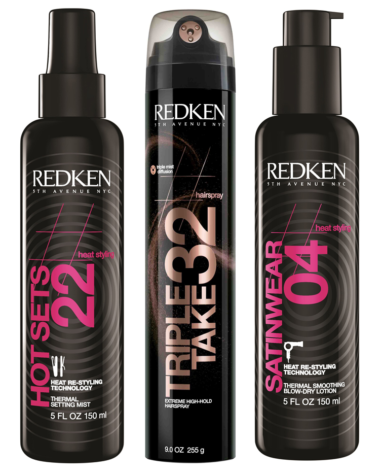 From left to right: Hot Sets 22 Thermal Setting Mist $36, Redken Triple Take 32 $36, Satinwear 04 Thermal Smoothing Blow-Dry Lotion $36