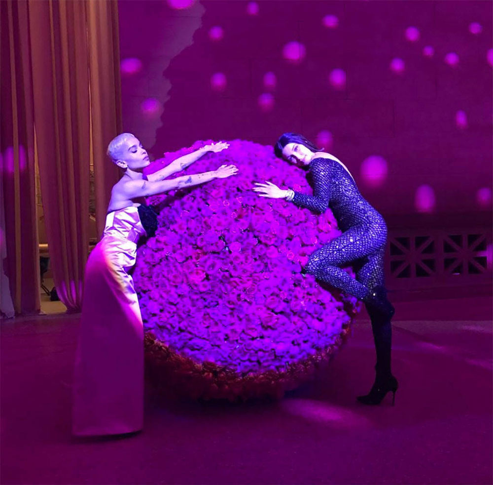 Zoe Kravitz and Bella Hadid pose with this totally amazing flower installation inside the Met.