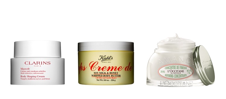 Clarins body moisturiser, Kiehl's Creme de Corps and L'Occitane Almond Refining Concentrate