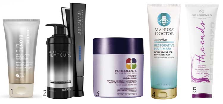 1. Joico Blonde Life Brightening Masque, $38. 2. Redken Heatcure in-salon treatment, POA. 3. Pureology Hydrate Hydra Whip Masque, $52. 4. Manuka Doctor ApiRevive Restorative Hair Mask, $29.95. 5. De Lorenzo Instant Series The Ends, $26.90.