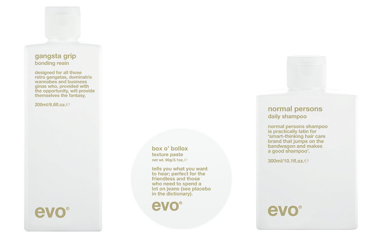 Evo hair product Gangsta Grip, Box O' Bollox and Normal Persons Shampoo