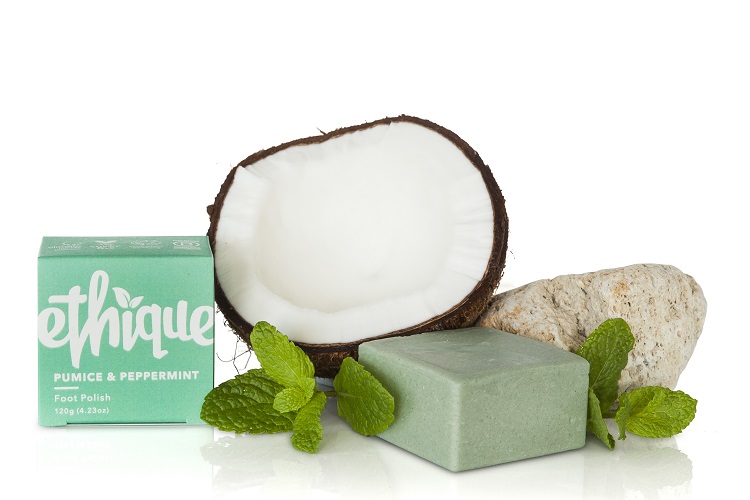 Ethique Pumice and Peppermint Foot Polish surrounded by its ingredients