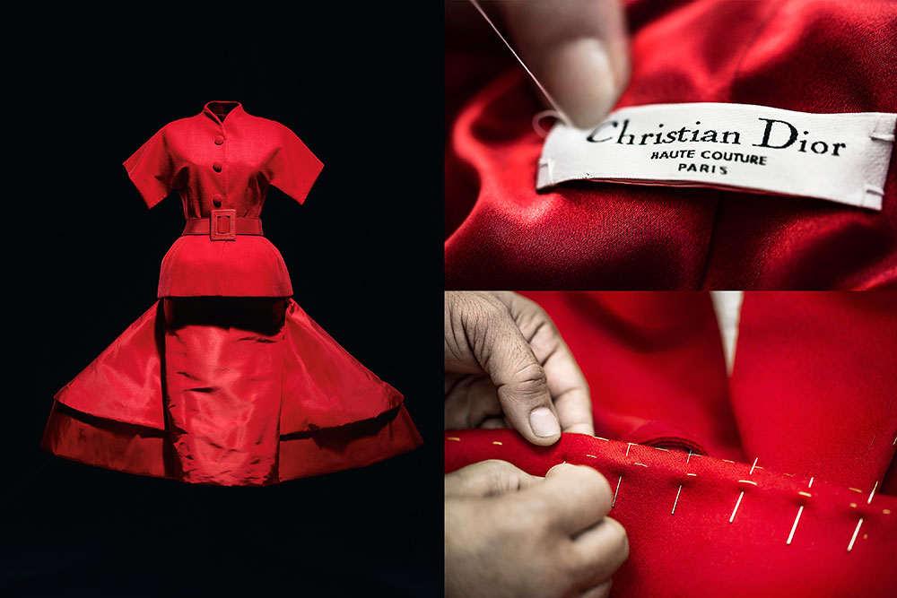Christian Dior haute couture by John Galliano 2019 (left); and inside the ateliers of the House of Dior, 2012.