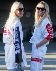 Thora Valdimars wearing MUF 10 and Balenciaga bag and Jeanette Madsen outside Saks Potts on August 10, 2017 in Copenhagen, Denmark