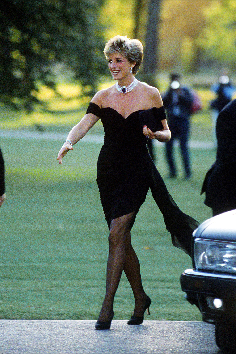 June, 1994 - Princess Diana arriving at the Serpentine Gallery wearing a Christina Stambolian gown in London.