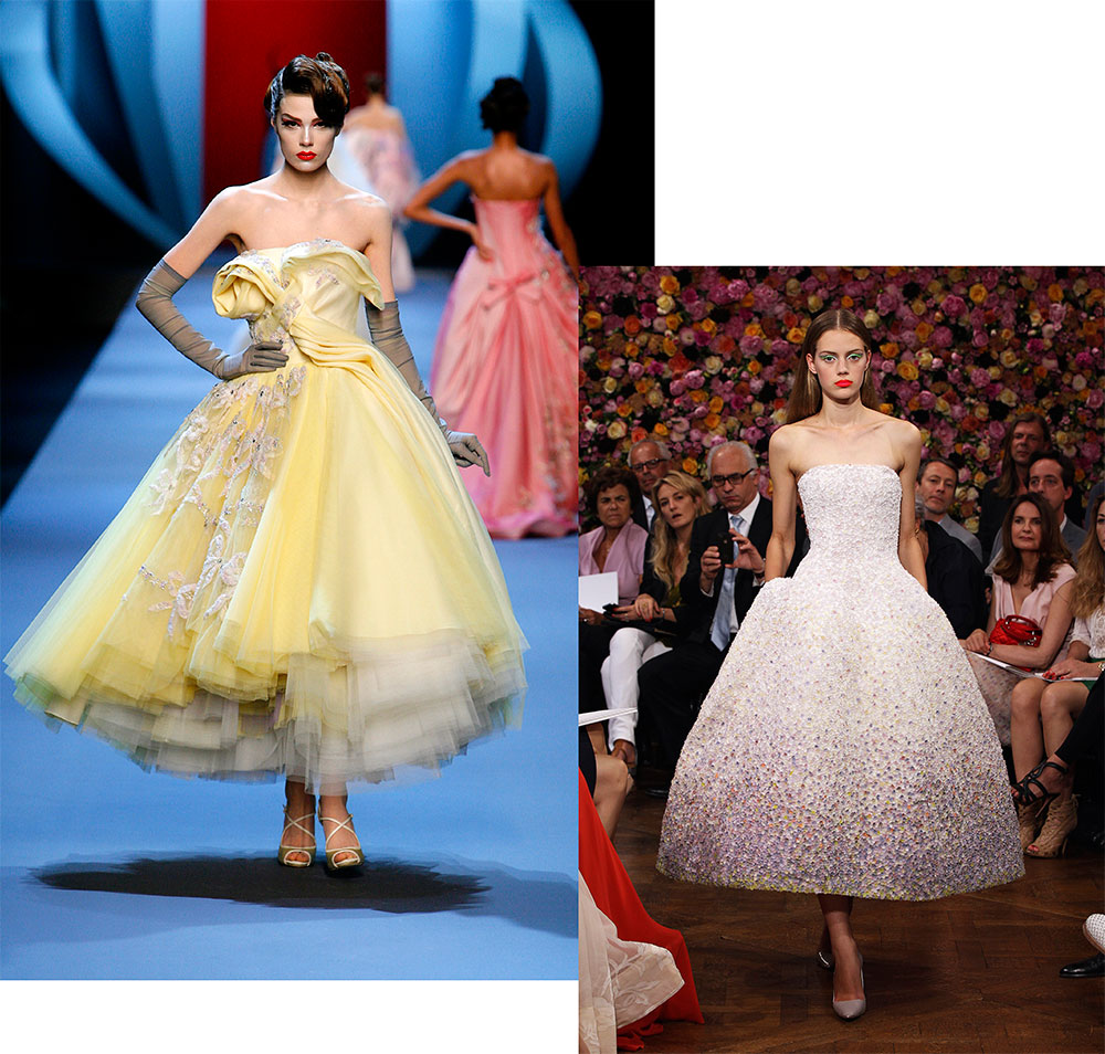 Christian Dior haute couture by John Galliano, 2011 (left) and Christian Dior haute couture by Raf Simons, 2012.