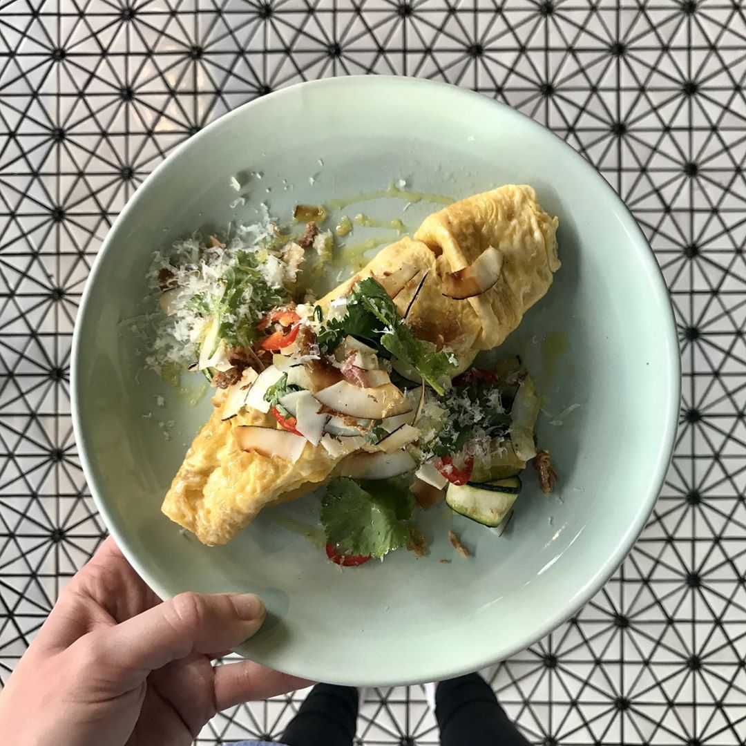 Odettes Eatery- Three Egg Omelette Spiced Chicken, Greens, Chilli & Coriander, Manchego