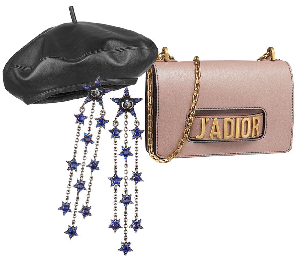 Christian Dior beret, $1250, bag, $4600, and earrings, $880.