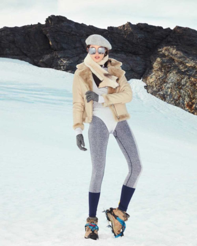 Deadly Ponies jacket, $2645. Camilla and Marc bodysuit, $359. Adidas tights, $160. Glassons beret, $20. Karen Walker Eyewear sunglasses, $349. Zambesi collar, $270. Stylist’s own boots and gloves.