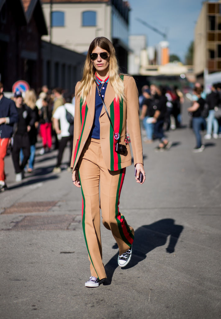 MILAN, ITALY - SEPTEMBER 20: Veronika Heilbrunner wearing brown Gucci suit is seen outside Gucci during Milan Fashion Week Spring/Summer 2018 on September 20, 2017 in Milan, Italy. (Photo by Christian Vierig/Getty Images)