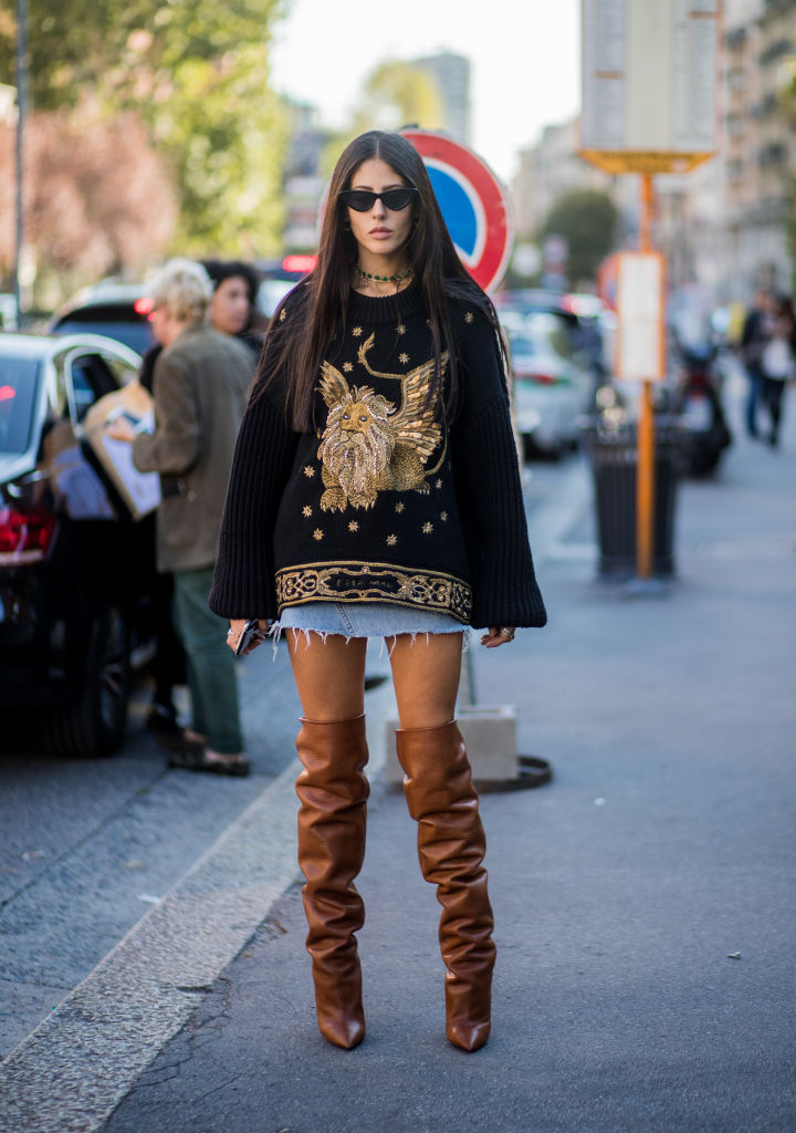 MILAN, ITALY - SEPTEMBER 20: Gilda Ambrosio wearing brown overknee boots is seen outside Alberta Ferretti during Milan Fashion Week Spring/Summer 2018 on September 20, 2017 in Milan, Italy. (Photo by Christian Vierig/Getty Images)