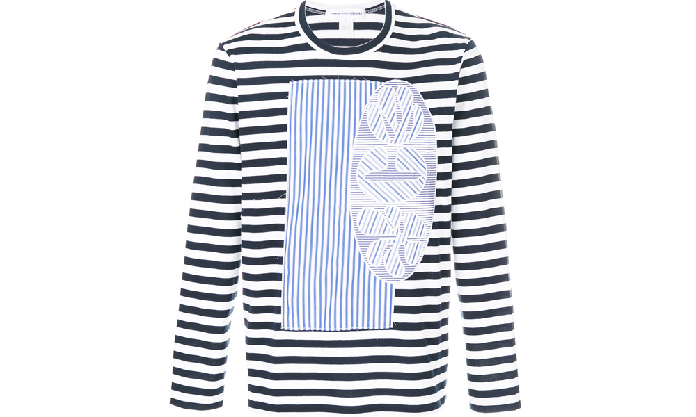 Comme Des Garçons black and white cotton appliqué patch striped top $341 from farfetch.com