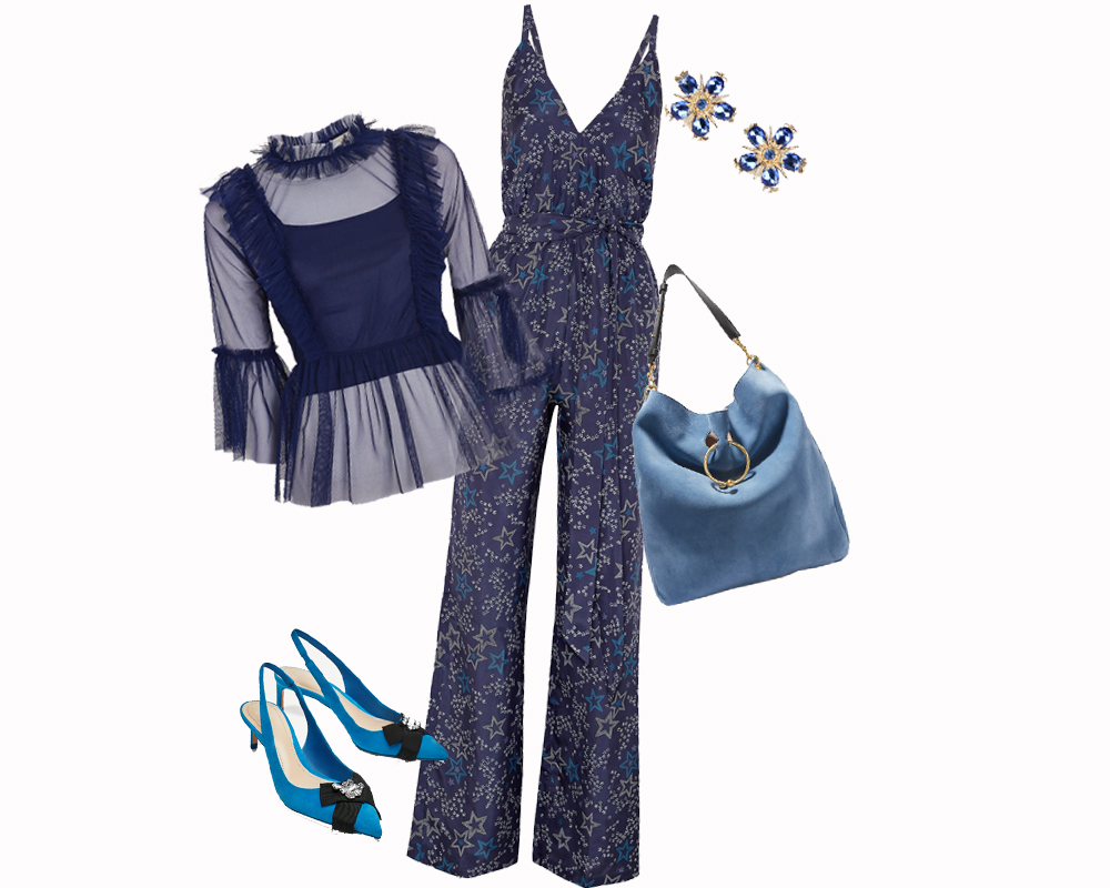 Holiday blues Worn alone or under a lavish layer, this jumpsuit will be a star piece in your wardrobe. Offering plenty of versatility, dress it up as seen with these Zara slingbacks and Ruby earrings, or dress down with trainers and either layer over a white T-shirt or tie a shirt around your waist. Own the blues this holiday season. Paloma Blue jumpsuit $841; J.W Anderson bag $3,211; Zara sling-back heels $138; Ruby earrings $49; Topshop mesh layer $65