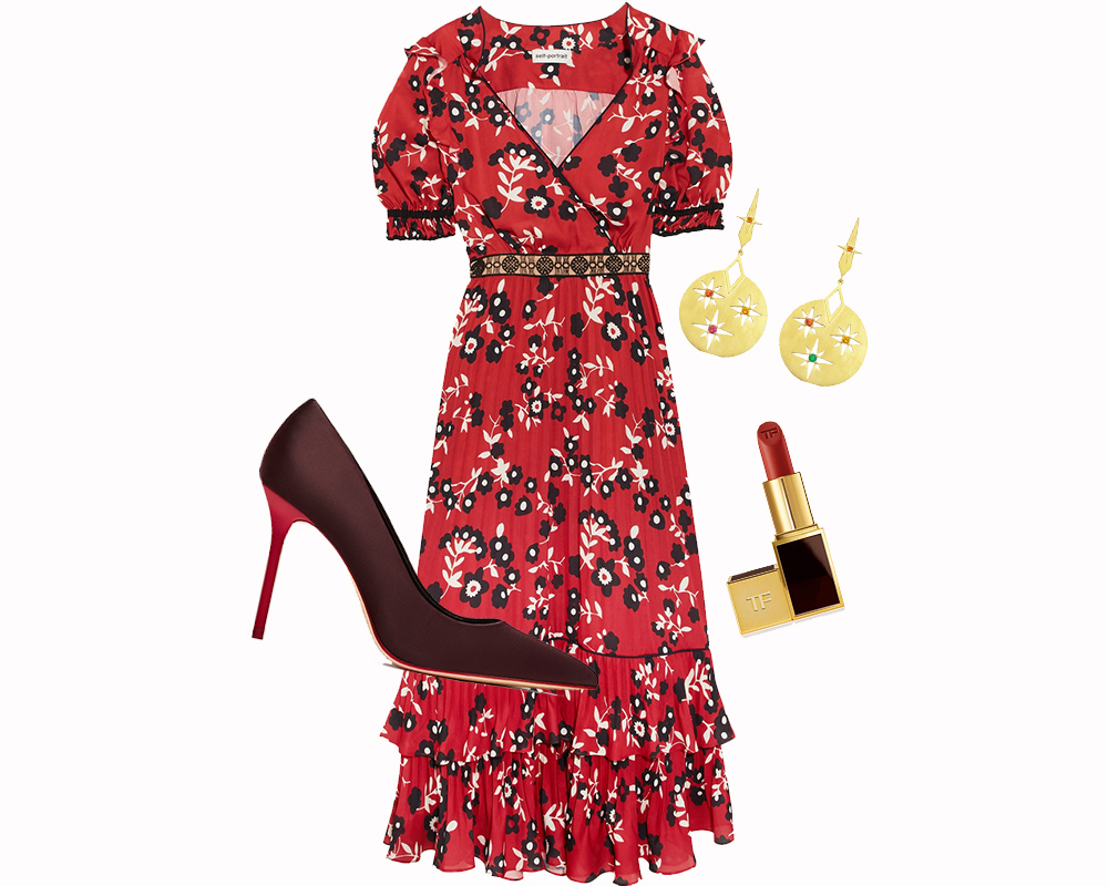 Paint the town Self-Portrait dress $441; Zoe & Morgan Rising Sun earrings $575; ZARA satin court shoes with contrasting heels $78; Tom Ford Lips & Boys lip colour $58
