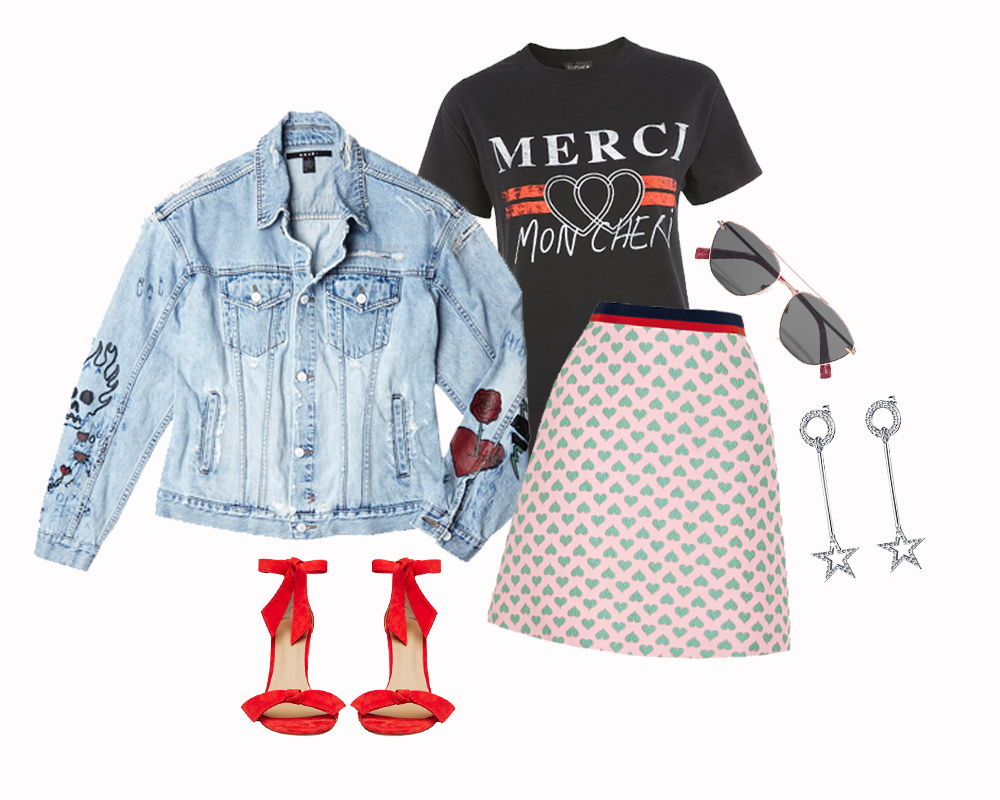 Rock chic Whether you're keeping it casual this year, or bound for a relaxed BBQ on the deck with friends, this outfit will be a hit. I mean, the T-shirt literally translates to 'thank you, my darling', your shoes look like gifts with their ribbons wrapped around the ankles and there's love hearts printed on the skirt. If that doesn't express the meaning of Christmas, help, nothing does. Ksubi super fink oversized jacket $299; Topshop T-shirt $31; Gucci mini skirt $1,970; Elizabeth and James sunglasses $275; Seed Heritage heels $220; F + H earrings $199