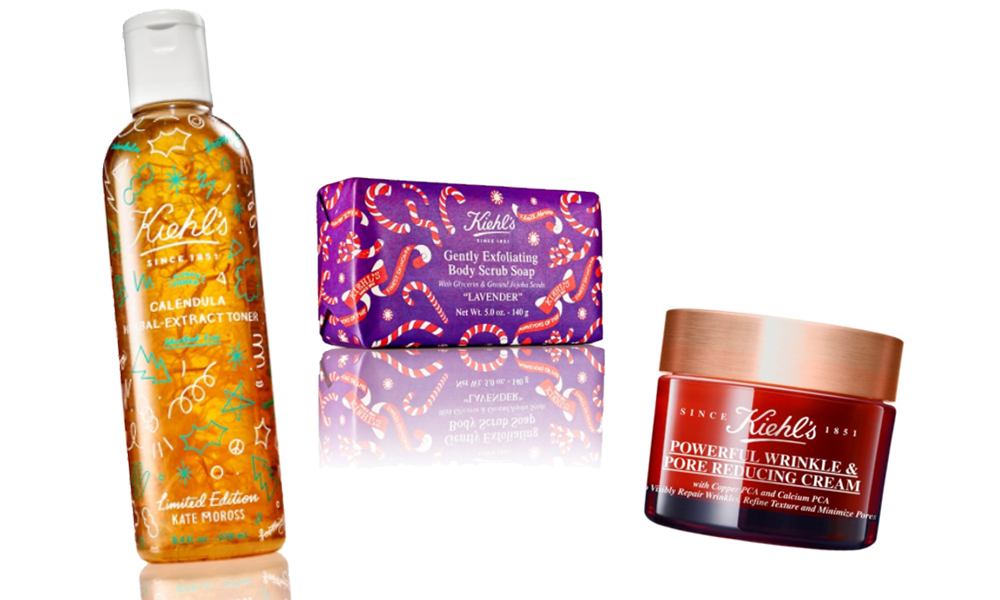 KIEHL’S Limited Edition Kate Moross Calendula Herbal Extract Toner $69; Powerful Wrinkle & Pore Reducing Cream $98; Gently Exfoliating Body Scrub Soap $35