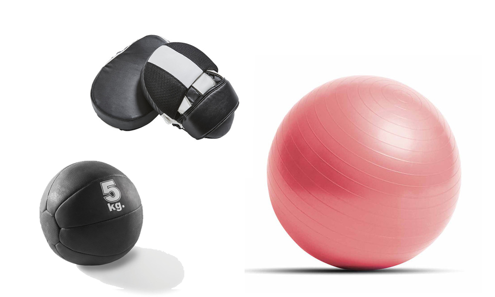 Kmart 55cm gym ball $8; Hook and Jab Pads $22 and 5kg Medicine Ball $22