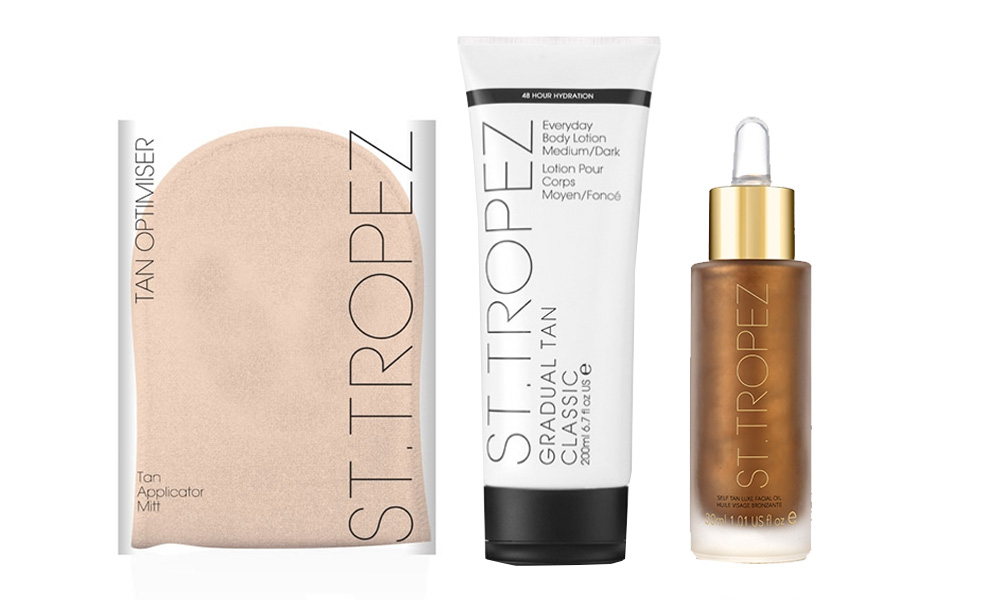 St. Tropez Gradual Tan Body 200ml, $40; Self Tan Luxe Facial Oil, $38; Self Tan Applicator Mitt, $15