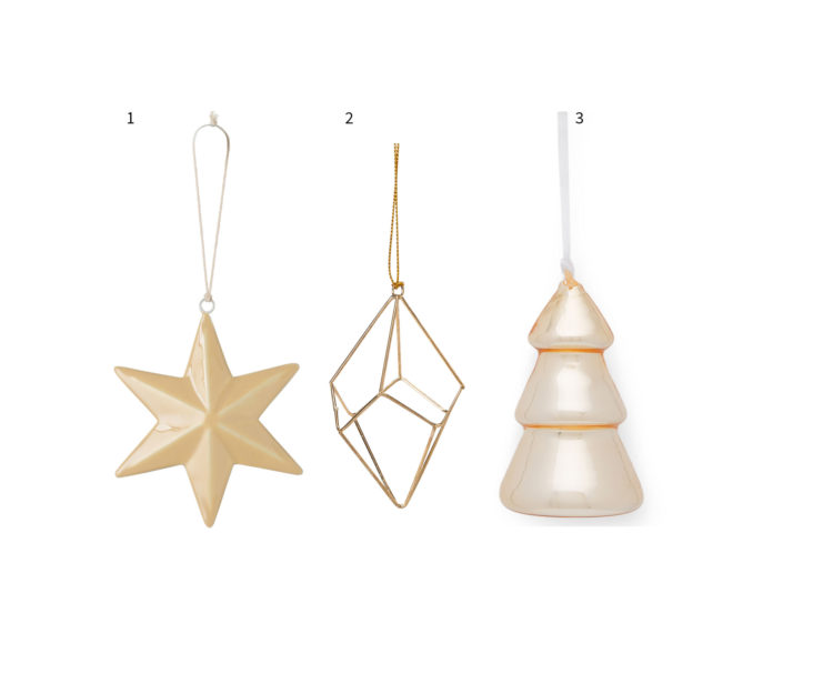 1. Star decoration, $5.90, from Citta. 2. Geometric decoration, $2, from The Warehouse. 3 Hanging tree, $21.90 for four, from Country Road.