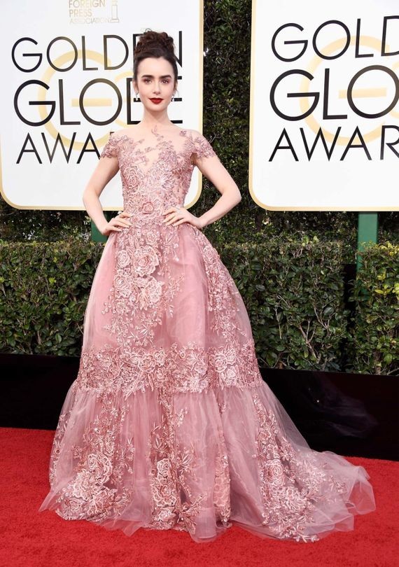 Lily Collins wearing Zuhair Murad at the Golden Globes.