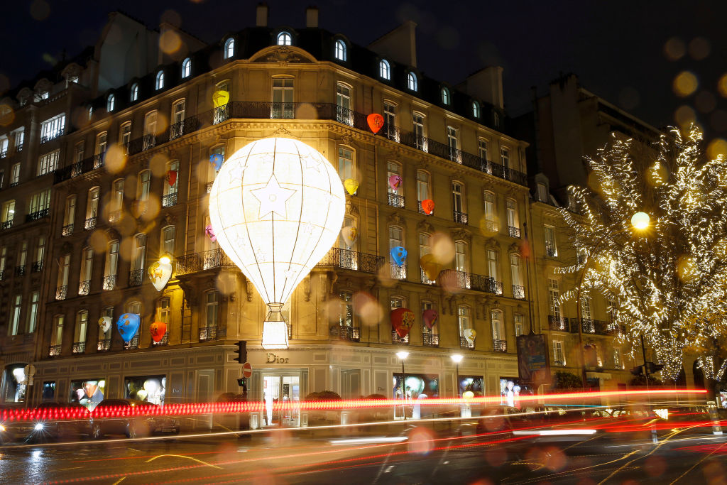 The Dior store on Avenue Montaigne in Paris is this year decked out in Christmas decorations inspired by the Cruise 2018 show, including a hot air balloon adorned with Christian Dior's lucky star.