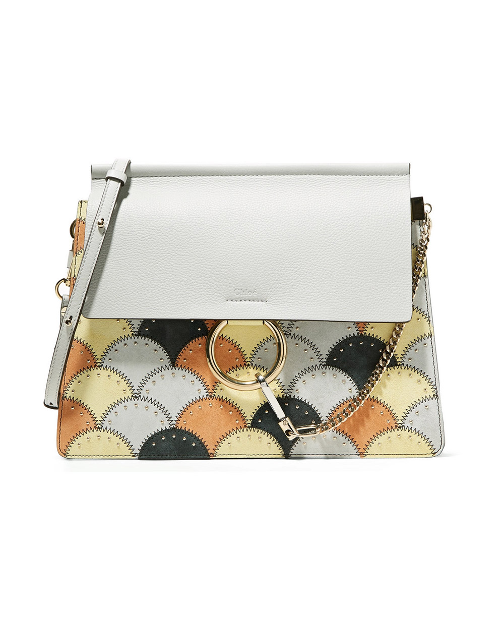 CHLOÉ Faye studded medium patchwork leather and suede shoulder bag $2,239