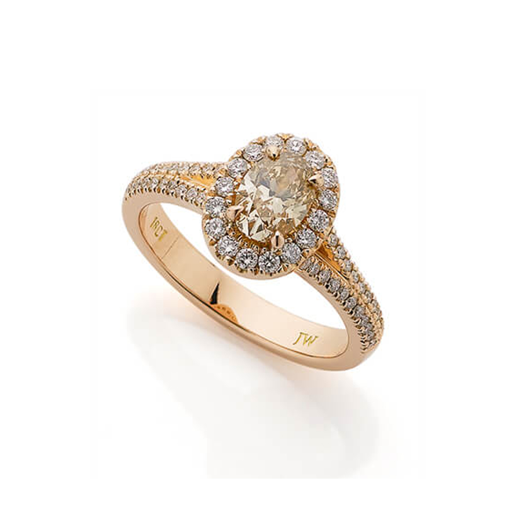 Jewellers Workshop, Sienna Ring, 18ct Red Gold 1.04 Ct Cognac Diamond with White Diamond Bead Set Row, $11,995