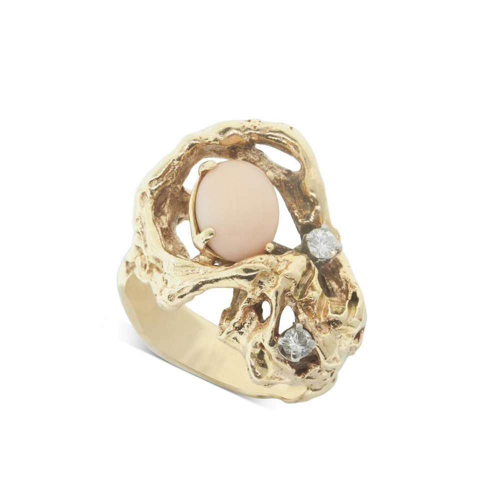 Walker & Hall Vintage 14ct Yellow & White Gold Coral & Diamond Ring, $2,400