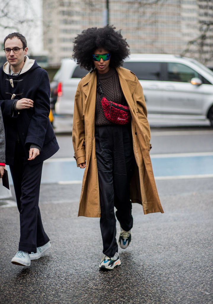 LONDON, ENGLAND - FEBRUARY 19: Julia Sarr Jamois wearing Supreme fanny bag seen outside Christopher Kane during London Fashion Week February 2018 on February 19, 2018 in London, England. (Photo by Christian Vierig/Getty Images)