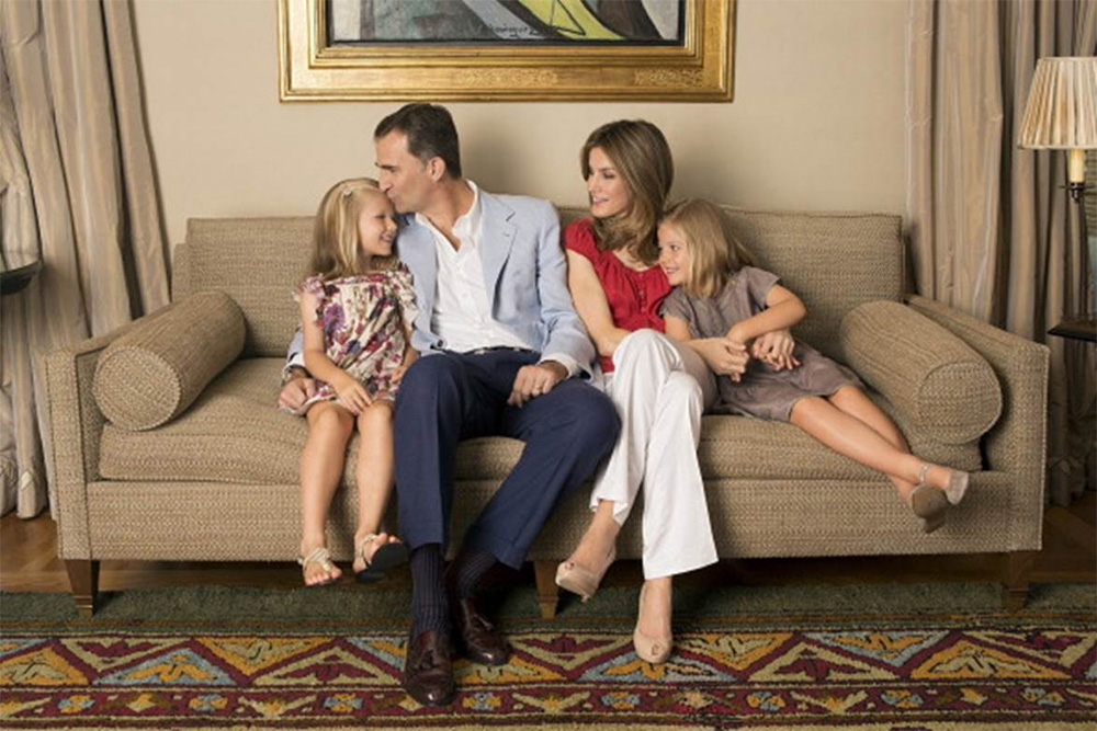Princess Letizia of Spain, Prince Felipe of Spain and their children, Princesses Leonor and Sofia pose for a relaxed family portrait at home in Zarzuela Palace in Madrid, Spain.