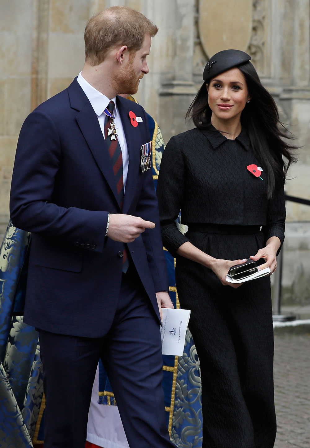 April 25, 2018: Meghan Markle wears a bespoke Emilia Wickstead skirt and jacket with a Philip Treacy hat for the ANZAC Day service at Westminster Abbey.
