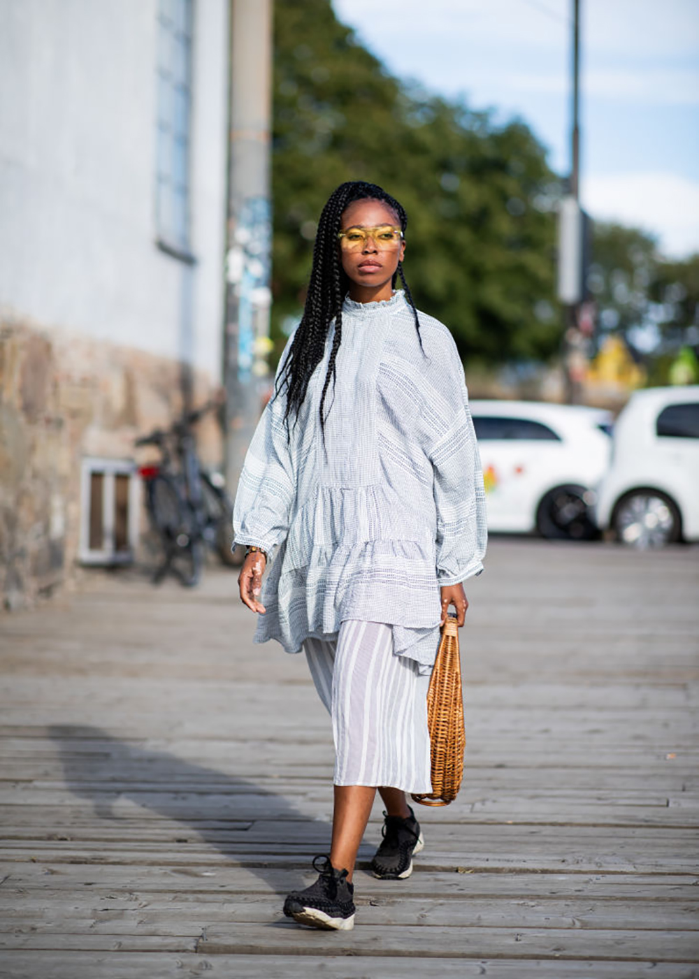 OSLO, NORWAY - AUGUST 14: A guest is seen outside byTiMo during Oslo Runway SS19 on August 14, 2018 in Oslo, Norway. (Photo by Christian Vierig/Getty Images)