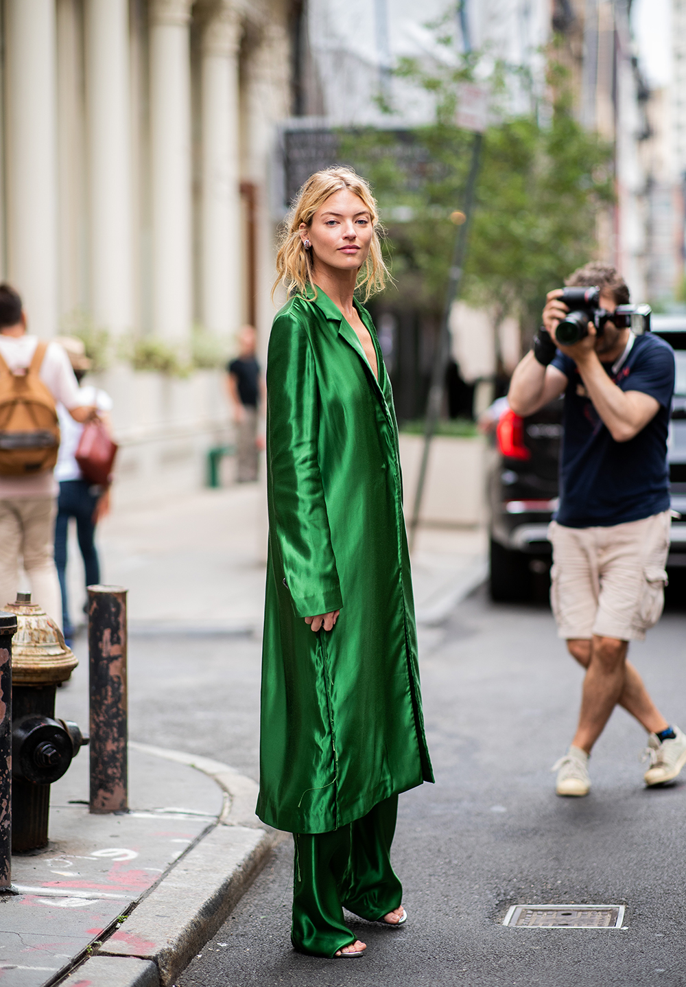 NEW YORK, NY - SEPTEMBER 07: Martha Hunt wearing green button dress and pants seen outside Jason Wu during New York Fashion Week Spring/Summer 2019 on September 7, 2018 in New York City. (Photo by Christian Vierig/Getty Images)