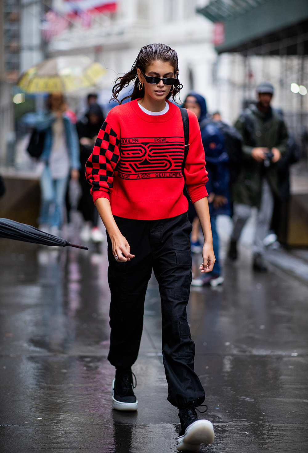 NEW YORK, NY - SEPTEMBER 10: Model Kaia Gerber wearing red sweater, black pants is seen outside Proenza Schouler during New York Fashion Week Spring/Summer 2019 on September 10, 2018 in New York City. (Photo by Christian Vierig/Getty Images)