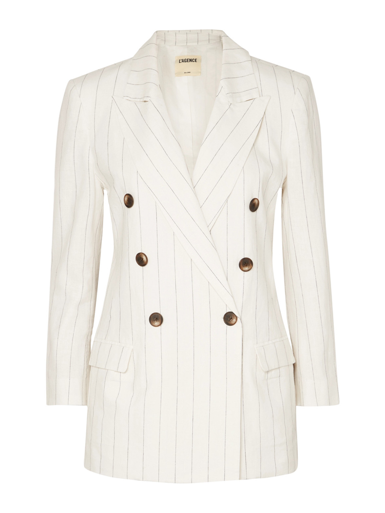 Shop the key pieces in Meghan’s royal tour wardrobe | L’Agence Brea pinstriped linen and cotton-blend blazer £510