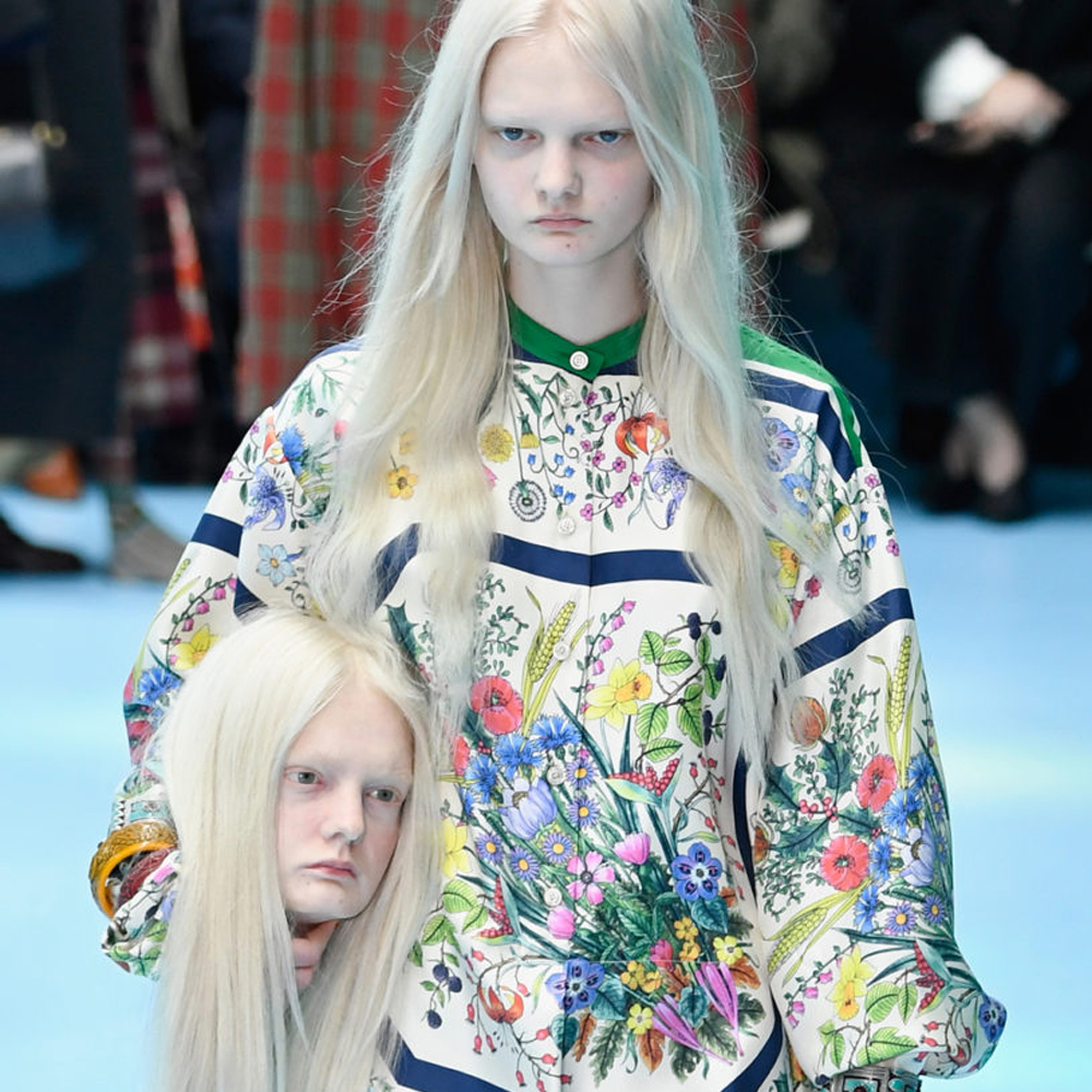 Gucci Heads Alessandro Michele’s imagination ran wild for Gucci’s Autumn/Winter 2018 campaign that saw models walking down the runway carrying life-size replicas of human heads. Inspiring many a Halloween outfit the heads were in hot demand with ‘Gucci heads’ being searched for over 1,000 times in October.(Lyst)