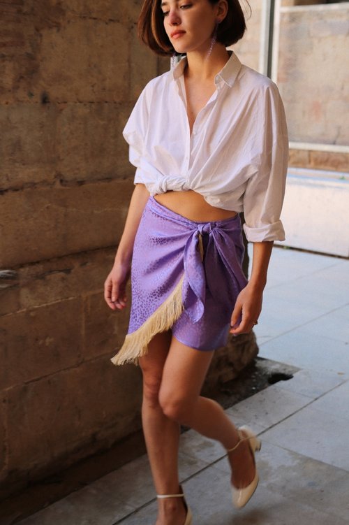 Art dealer. Lucia asymmetric mini wrap skirt – Lilac, €100  €135