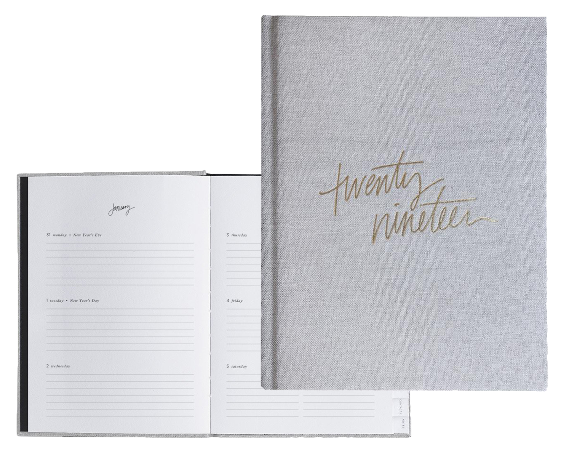 2019 grey linen diary This chic diary ticks a lot of boxes; monthly overviews, weekly layout over a spread, side tabs and ribbon marker for easy navigation, a notes and contacts page and matte, uncoated white paper. Find it for $59 from Sunday Homestore.