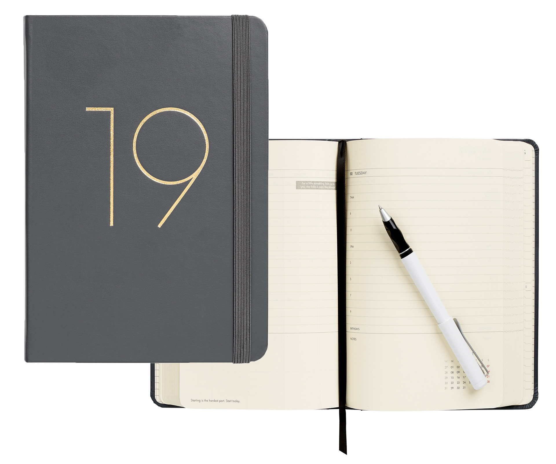 2019 A5 daily diary This Kikki.K charcoal grey diary includes daily and monthly views, perfect for those who like to plan in detail. It comes with stickers for customisation and has pages for keeping track of addresses, expenses and favourite restaurants. It’s also available in blush and dusk blue. $38.43 from Kikki. K.